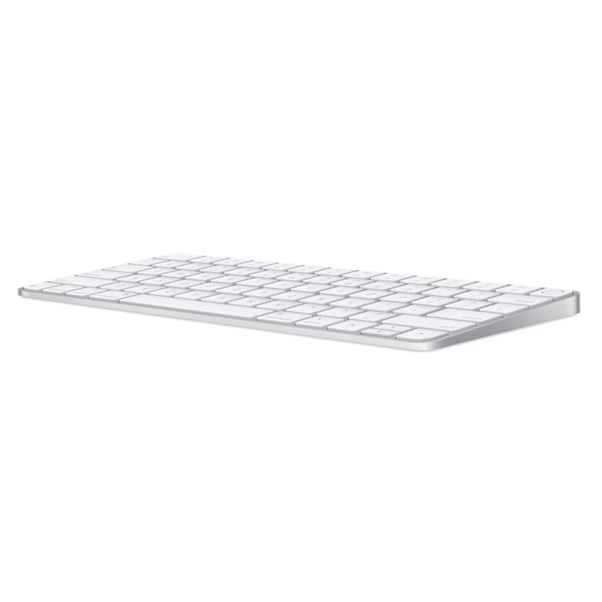 Eine silberne und weiße kabellose Tastatur, leicht nach rechts geneigt, zeigt ihr vollständiges QWERTZ-Layout vor einem weißen Hintergrund.
