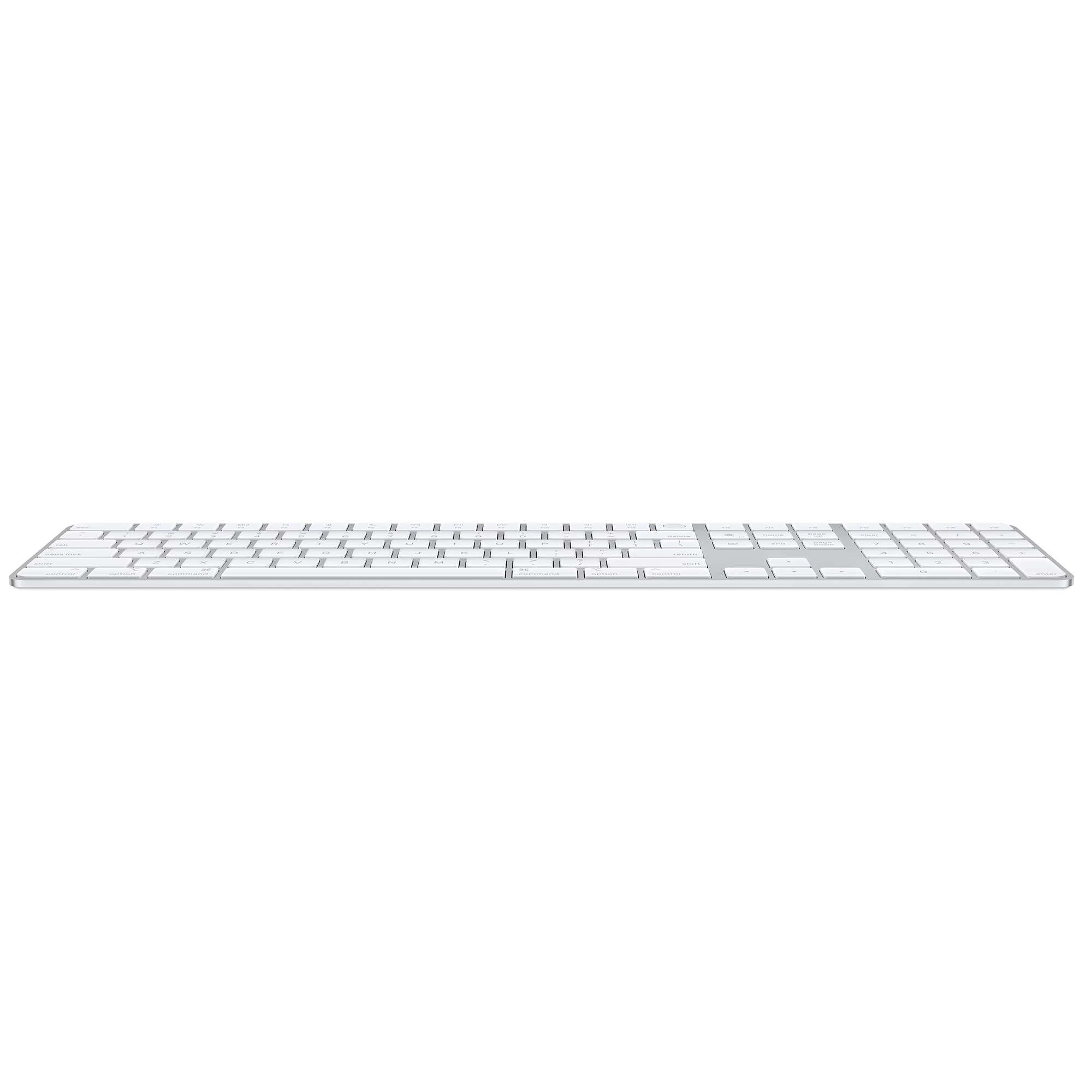 A sleek, silver and white Apple Magic Keyboard with numeric keypad, viewed from a low angle on a white background.