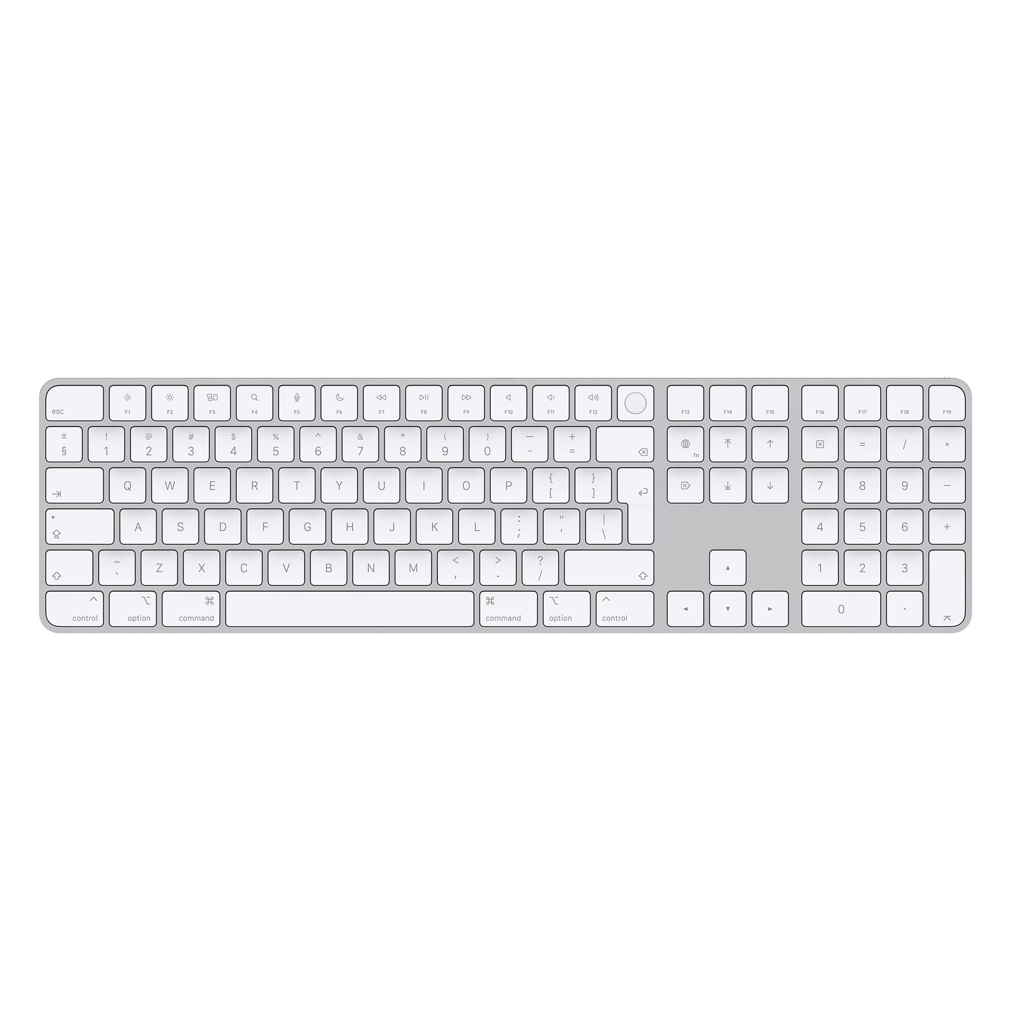 A silver keyboard with white keys, set against a white background.