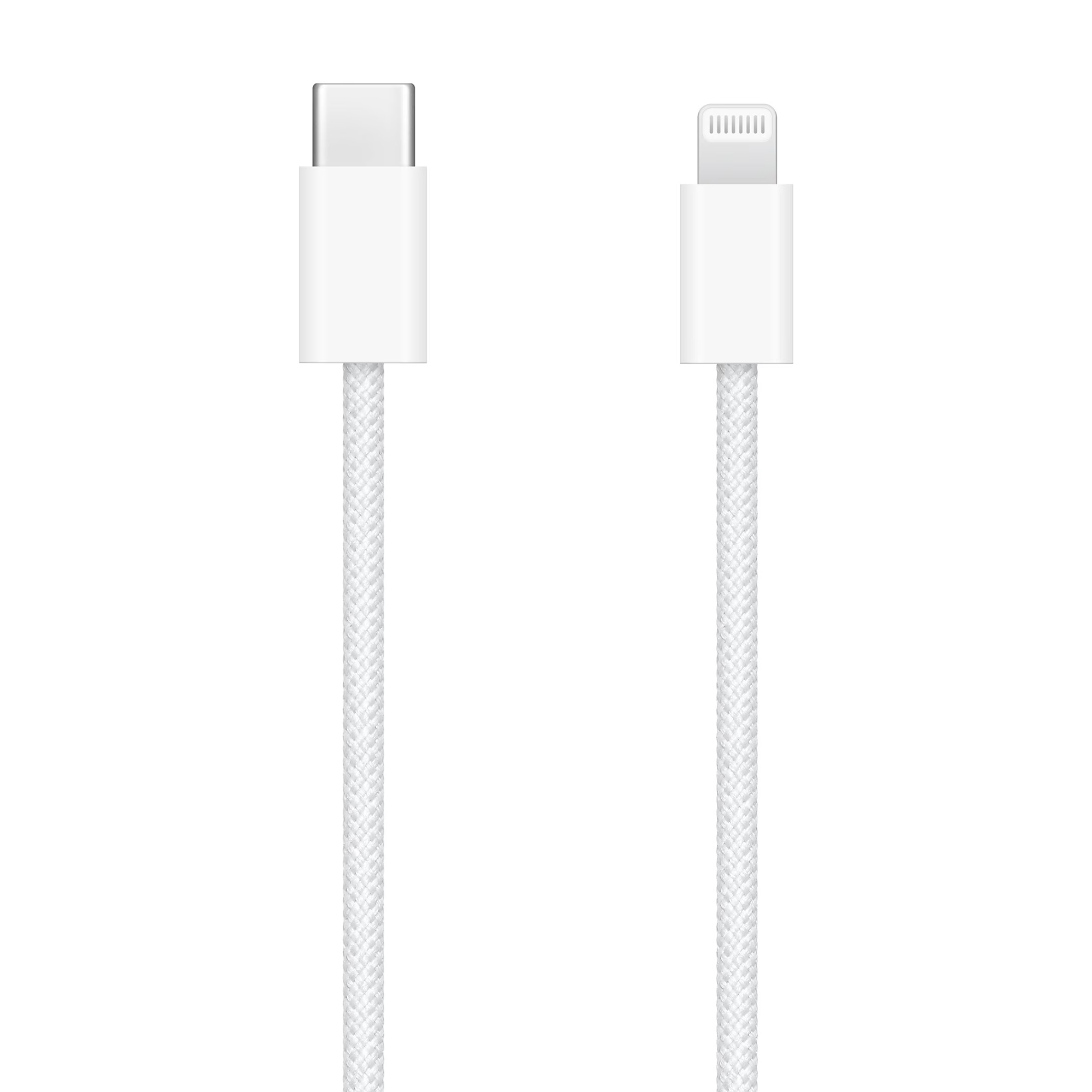 A white USB-C to Lightning cable with braided fabric.