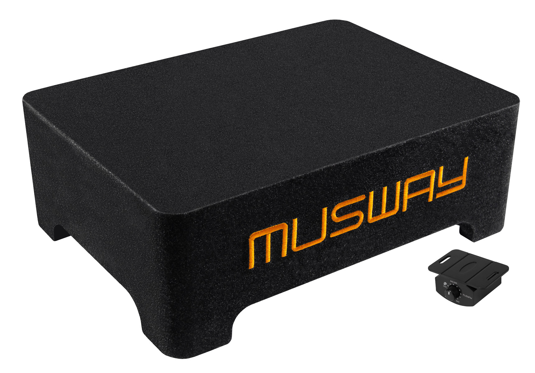 Schwarzer Subwoofer mit orangefarbenem Schriftzug und einem separaten Bedienelement.