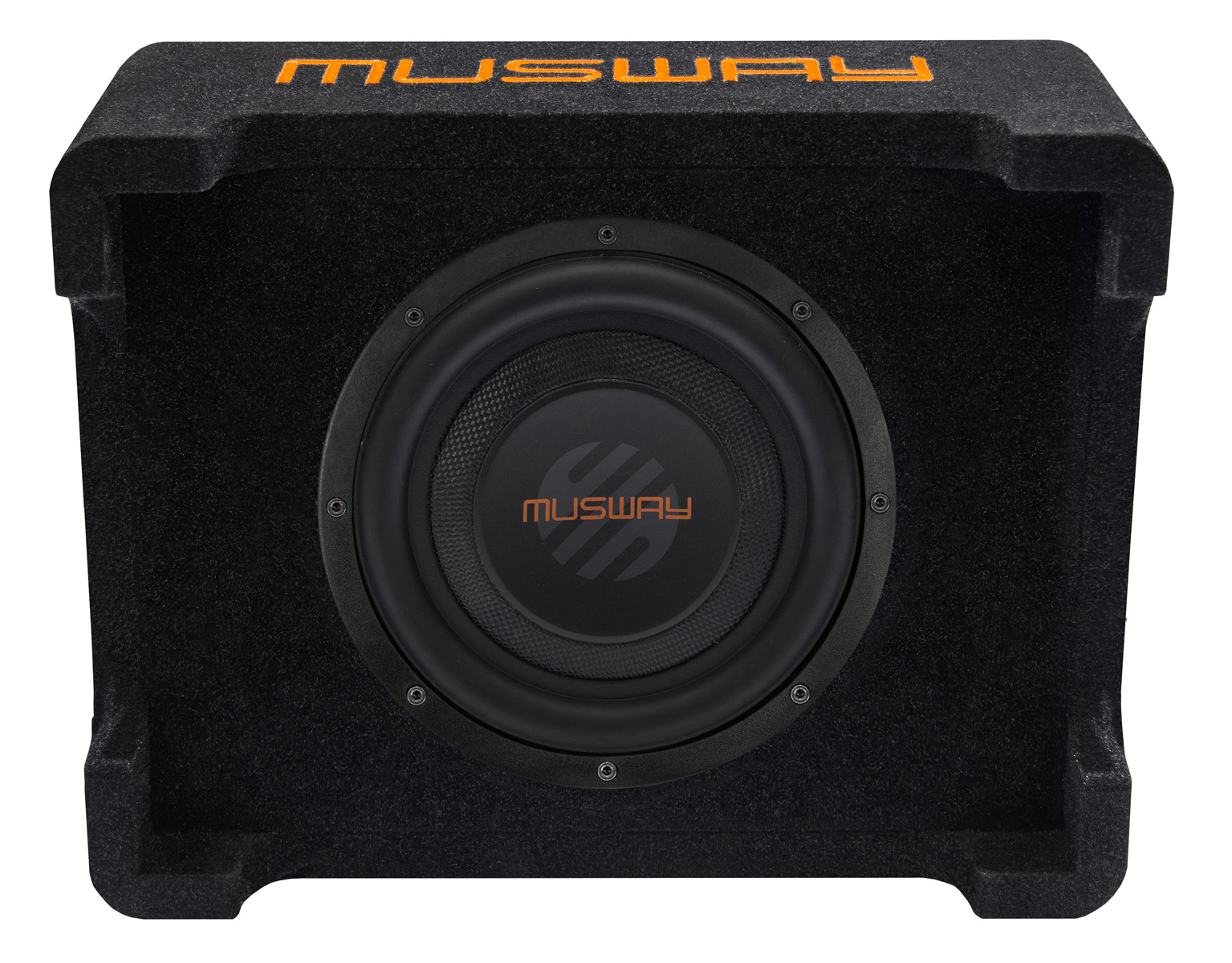Ein schwarzer Subwoofer in einer texturierten Box mit orangem 