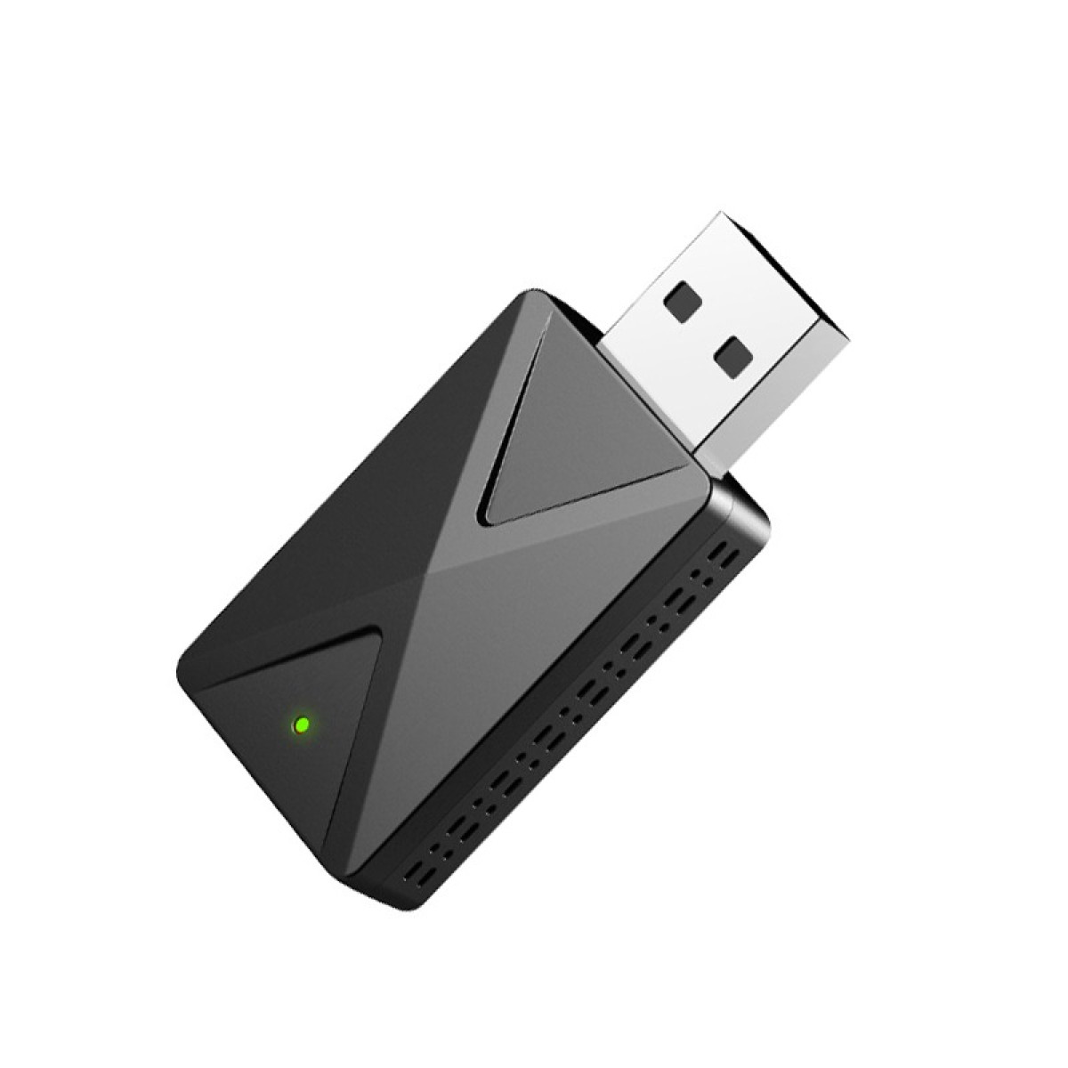 Czarny adapter USB z zieloną lampką kontrolną i geometrycznym wzorem, ustawiony pod kątem na białym tle.