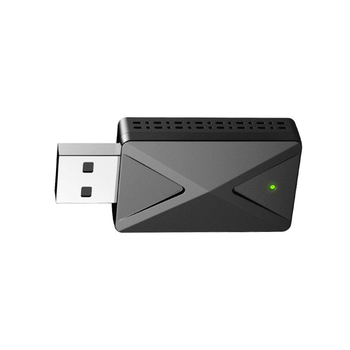 Czarny adapter USB ze zieloną diodą i otworami wentylacyjnymi.