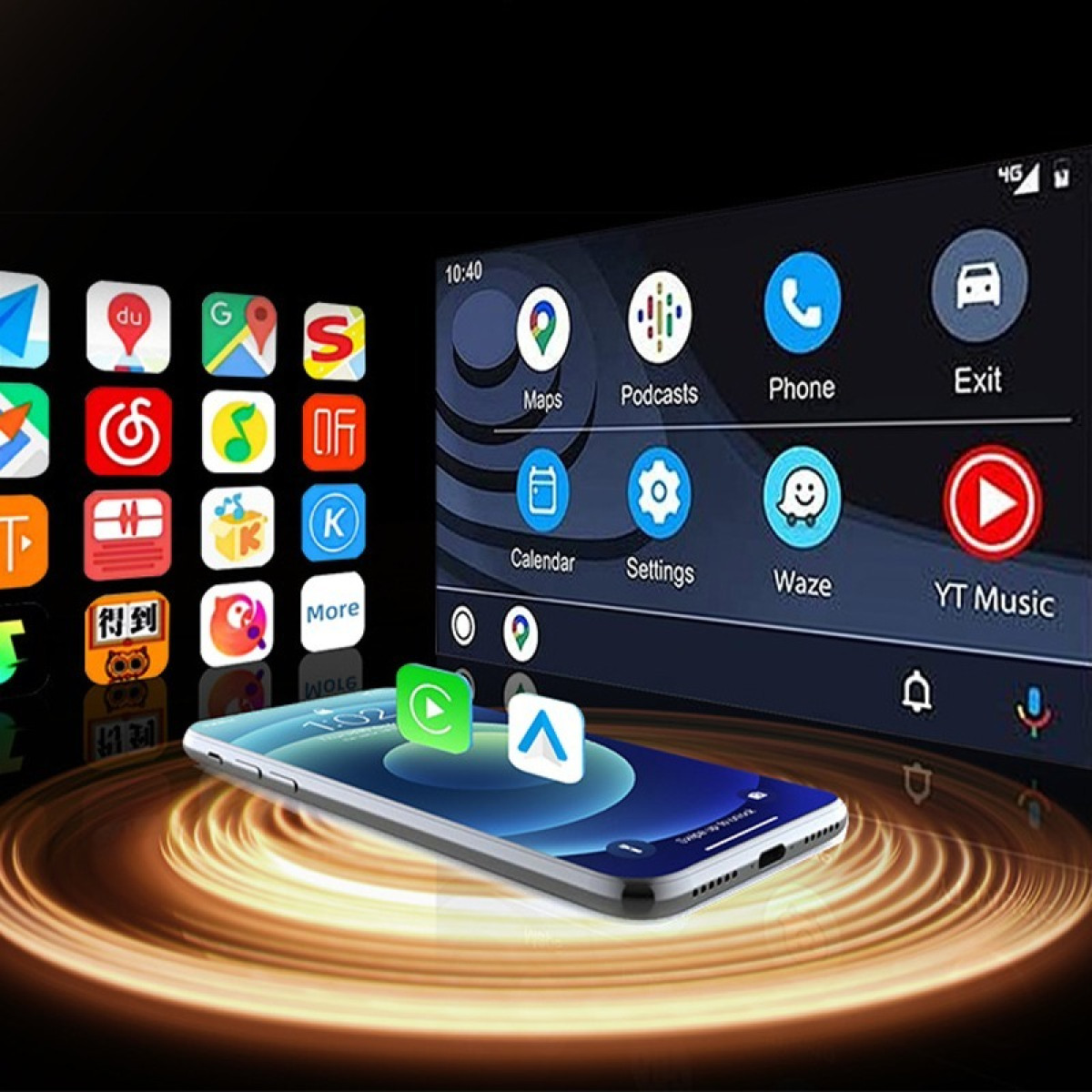 Smartfon wyświetlający ikony aplikacji i ekran multimedialny.