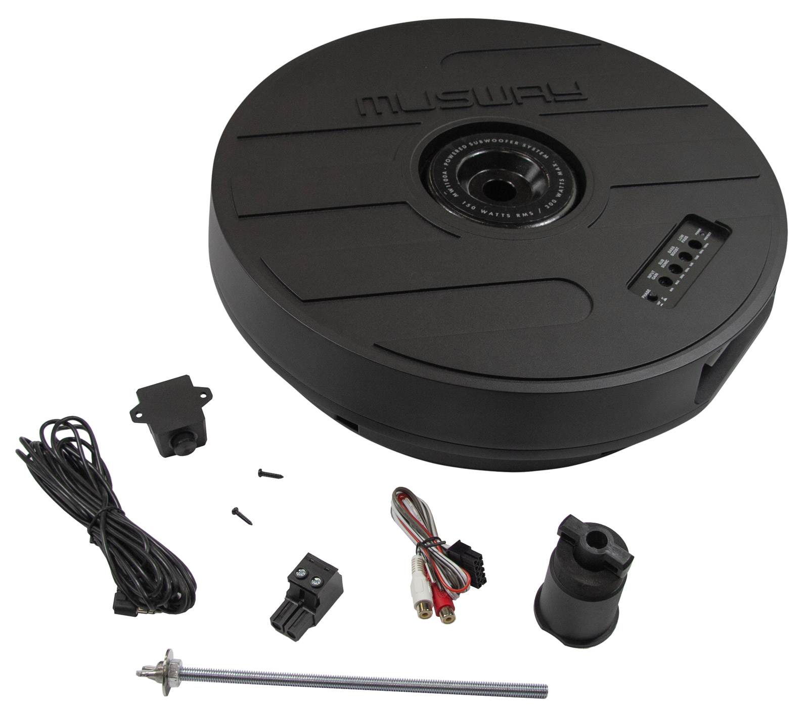 Schwarzer Subwoofer mit Kabeln, Schrauben und einem Gewindestab.
