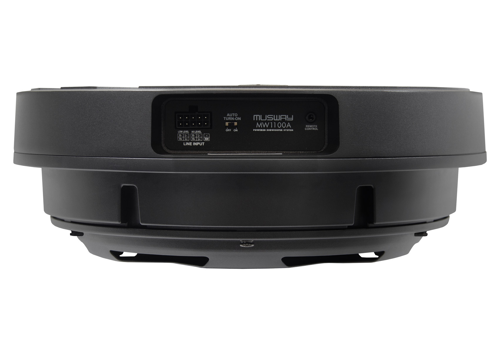 Schwarzer, runder Subwoofer mit Anschlussfeld: Low Level, Hi Level, Auto Turn-On, Remote Control.