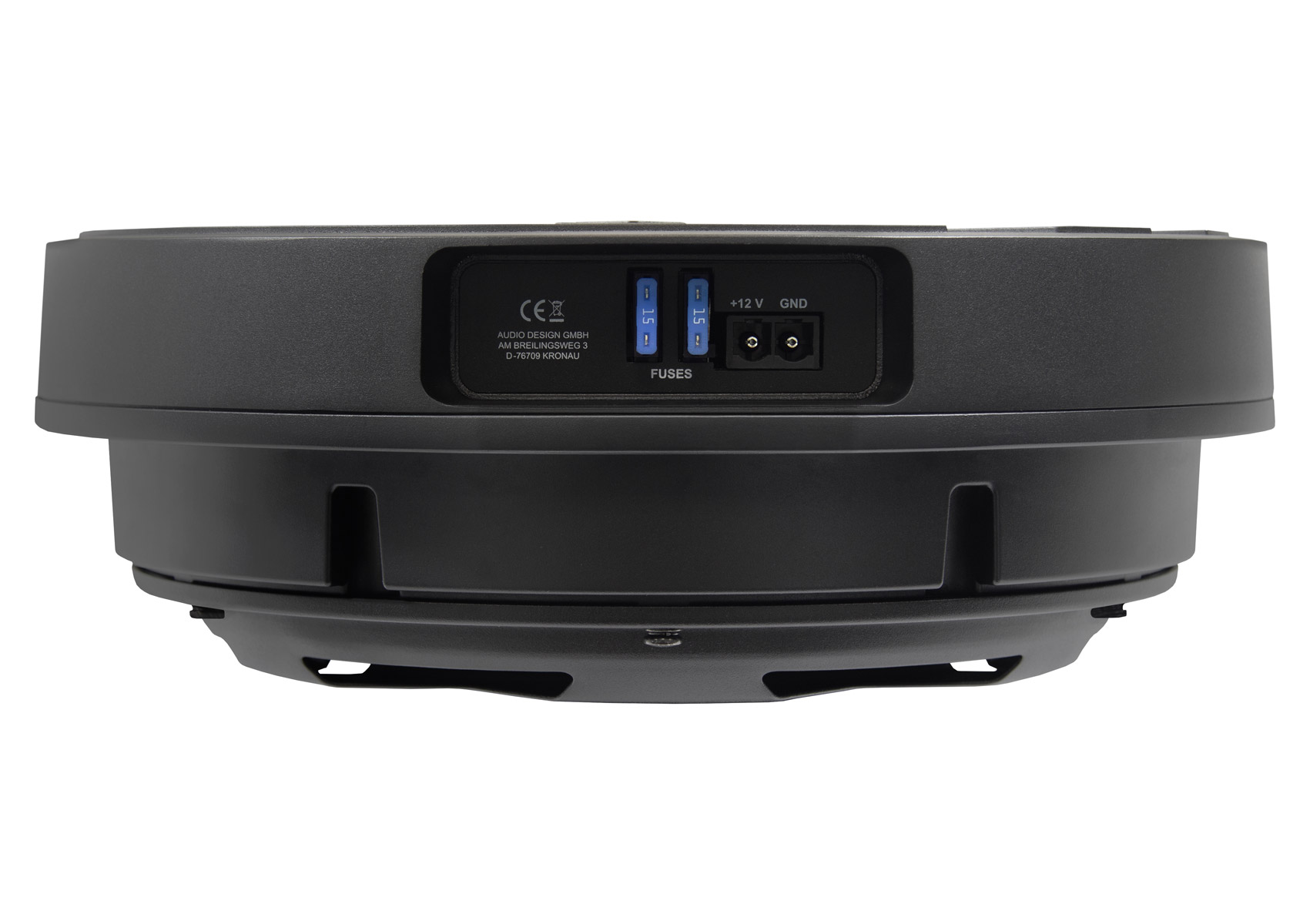 Schwarzer runder Subwoofer mit Anschlüssen: 2x 15A Sicherungen, +12V, GND.