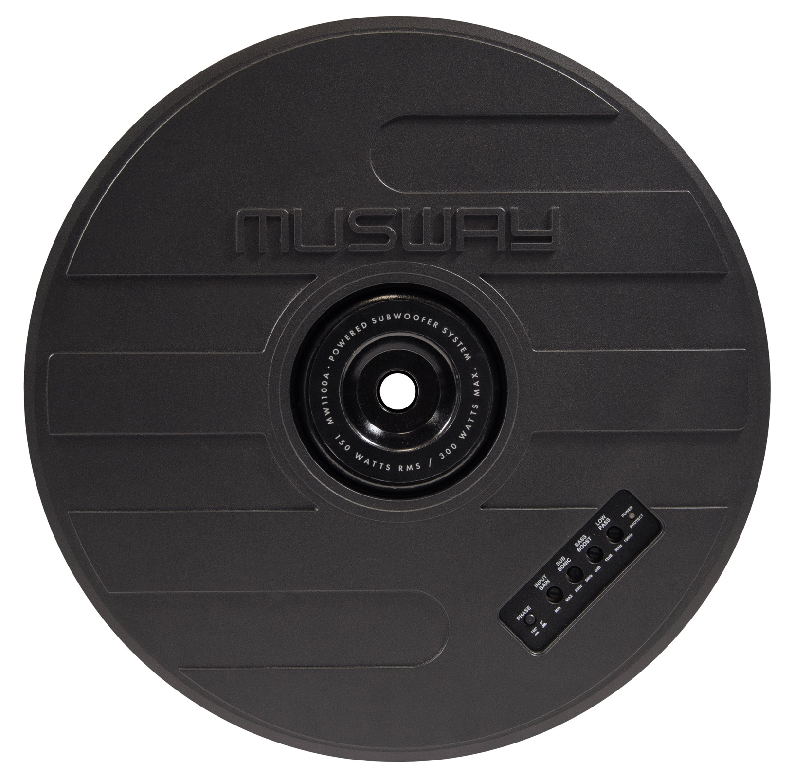 Schwarzer Subwoofer mit MUSWAY-Logo und Bedienelementen.