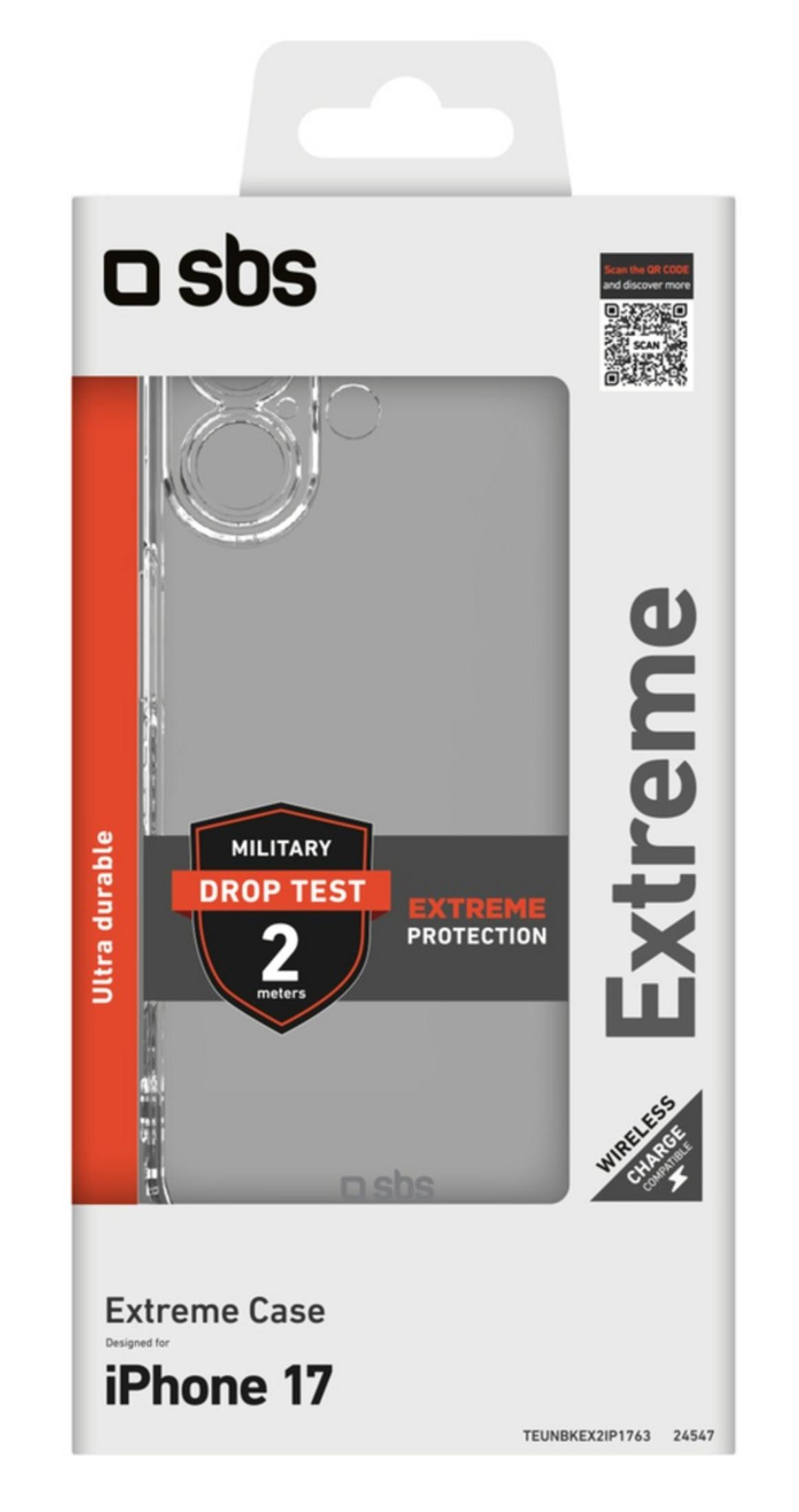 Opakowanie produktu SBS Extreme Case dla iPhone'a 17, z przezroczystym etui na telefon i szczegółami testu upadku wojskowego.