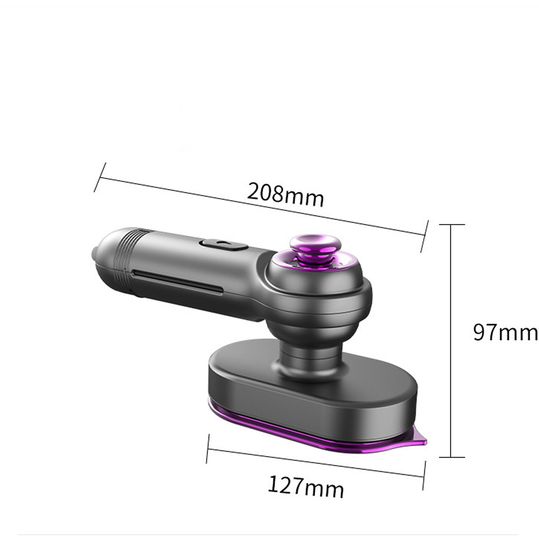 Grauer Autoladegerät-Adapter mit lila Akzenten und Maßen.