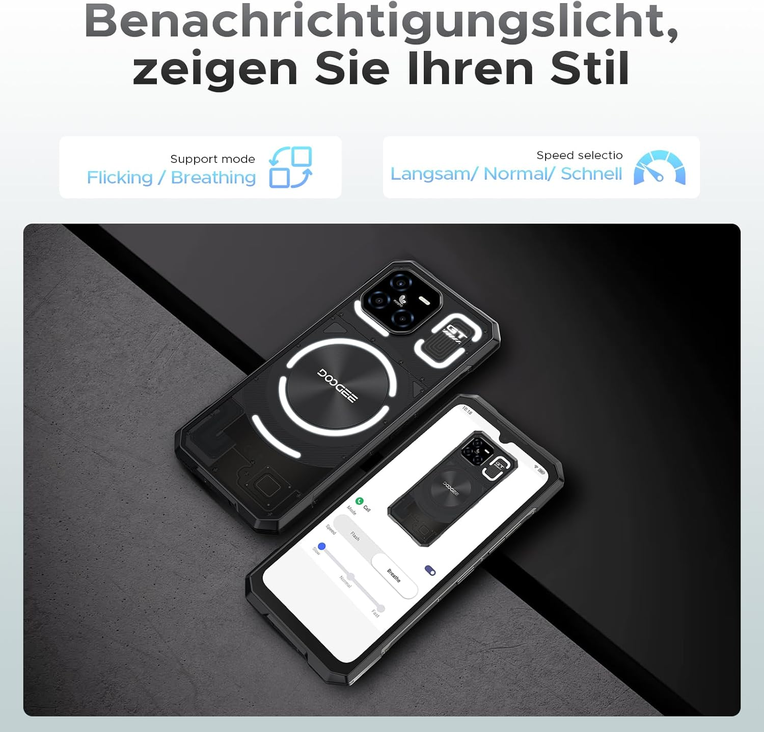 Zwei Smartphones mit leuchtenden Ringen im Gehäuse. Einstellungen für Lichteffekte.