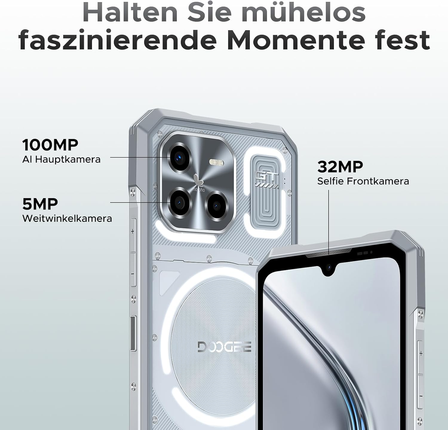Silbernes Smartphone mit Kamera-Details: 100MP Hauptkamera, 5MP Weitwinkel, 32MP Frontkamera.