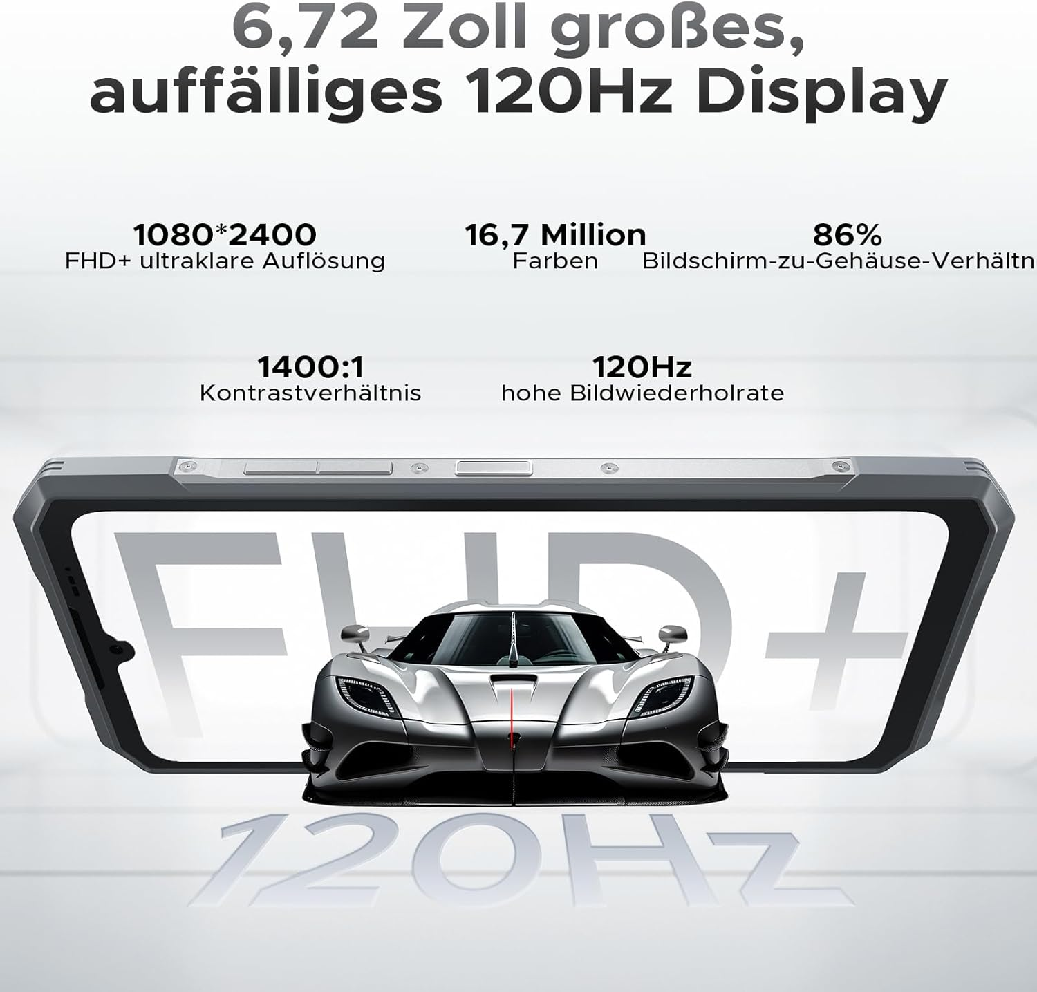 Ein silberner Sportwagen auf einem hellen Hintergrund mit Display-Spezifikationen.