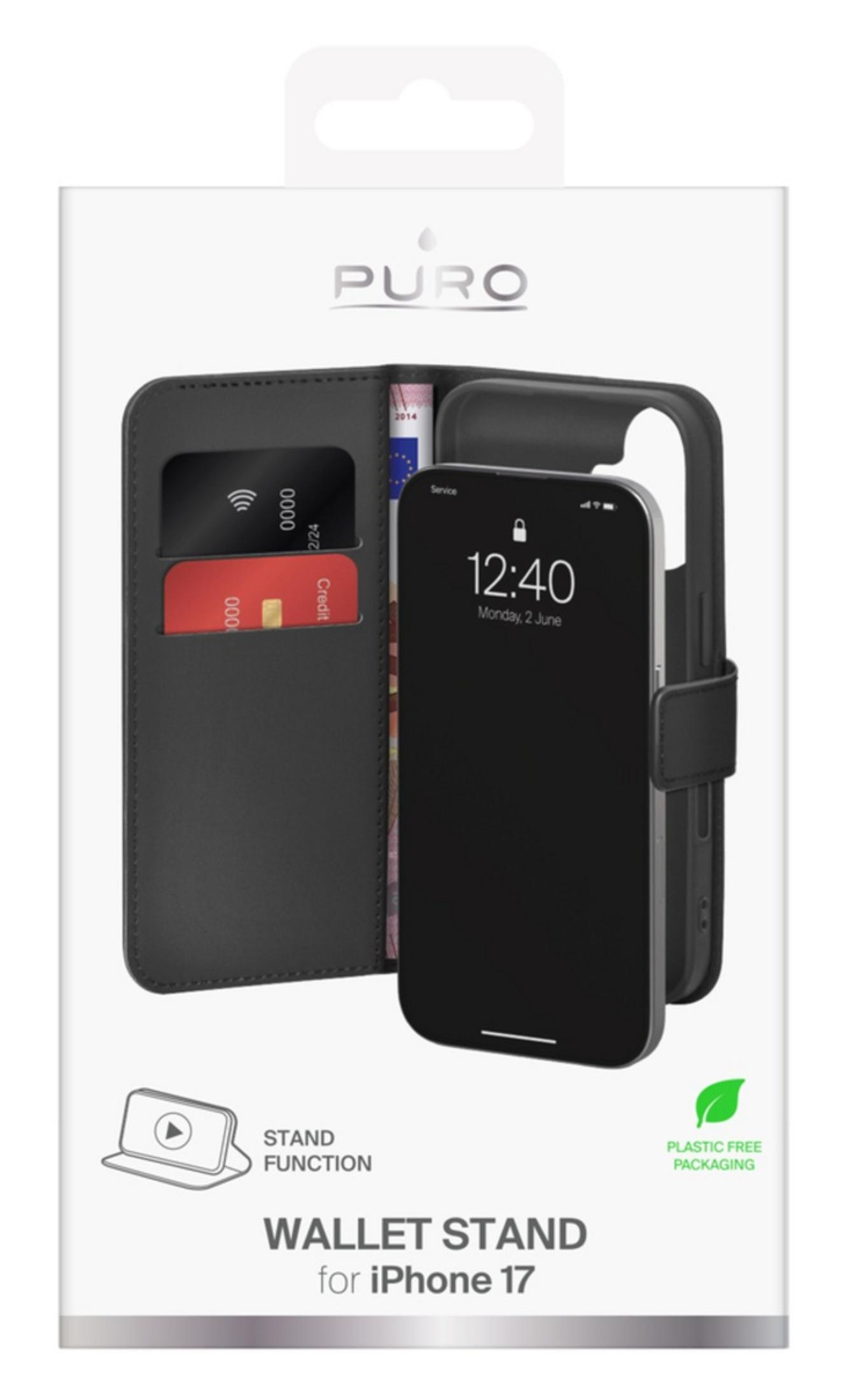 Custodia a portafoglio nera per iPhone 17 con porta carte e telefono.