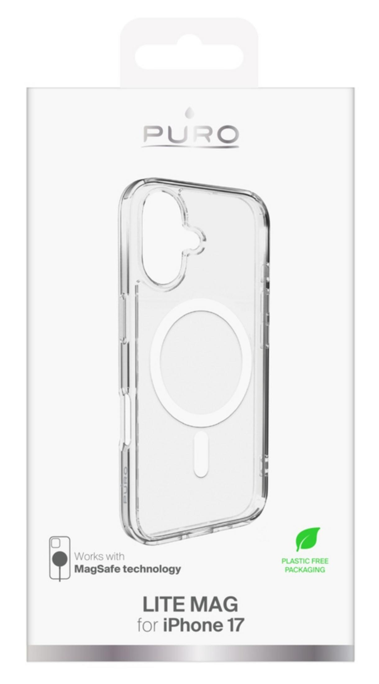Una custodia trasparente per iPhone 17 con compatibilità MagSafe in confezione bianca, etichettata "Puro Lite Mag".
