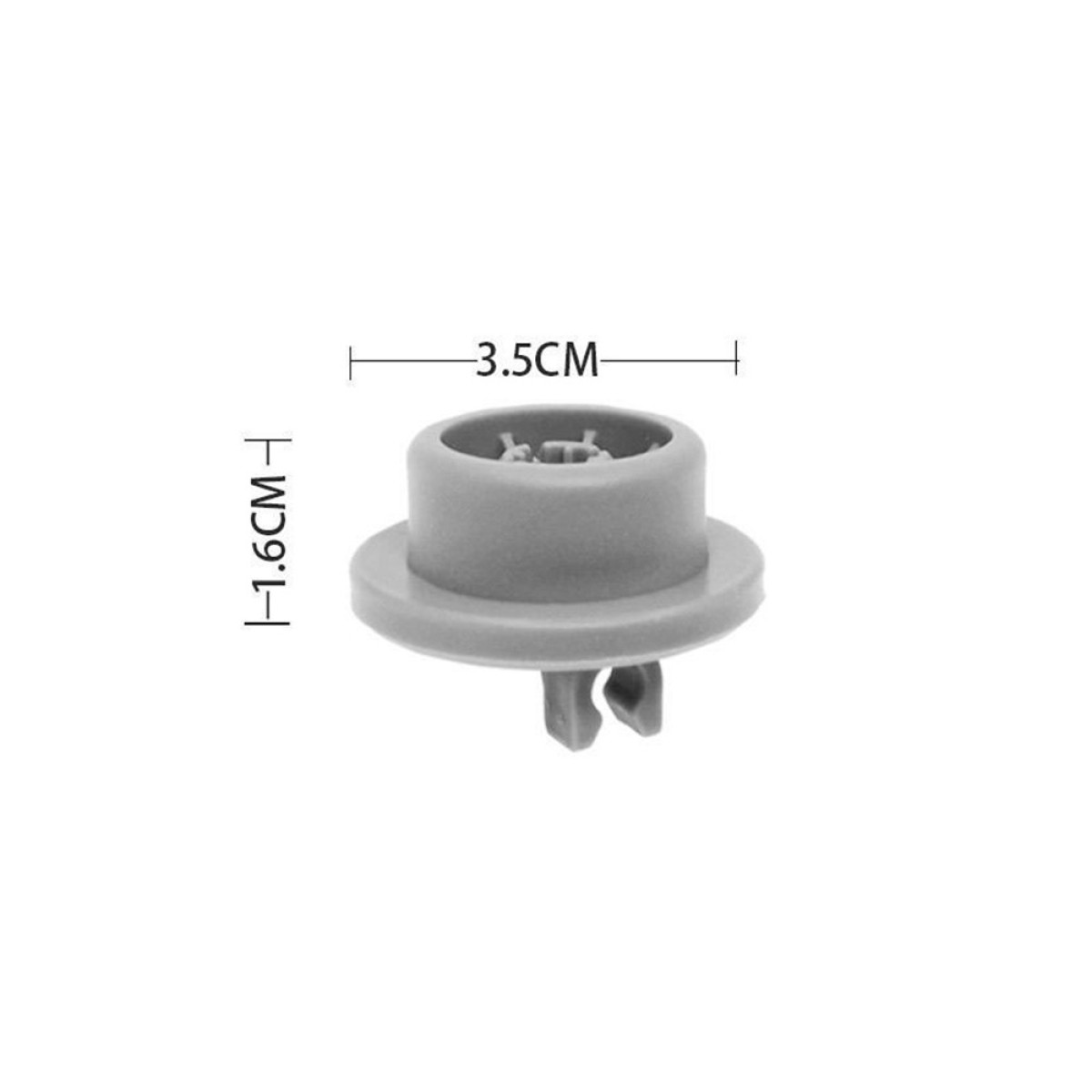 Grauer Kunststoffstecker, 3,5cm breit, 1,6cm hoch.