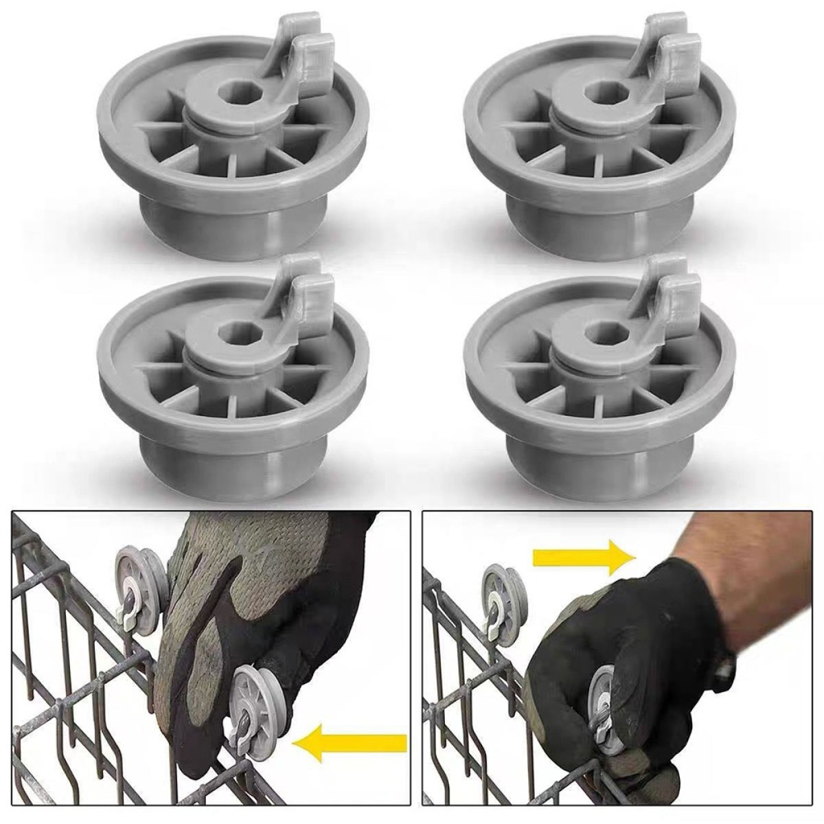 Vier graue Geschirrspülerräder oben, darunter zwei Bilder, die eine behandschuhte Hand zeigen, die ein Rad an einem Gestell installiert.