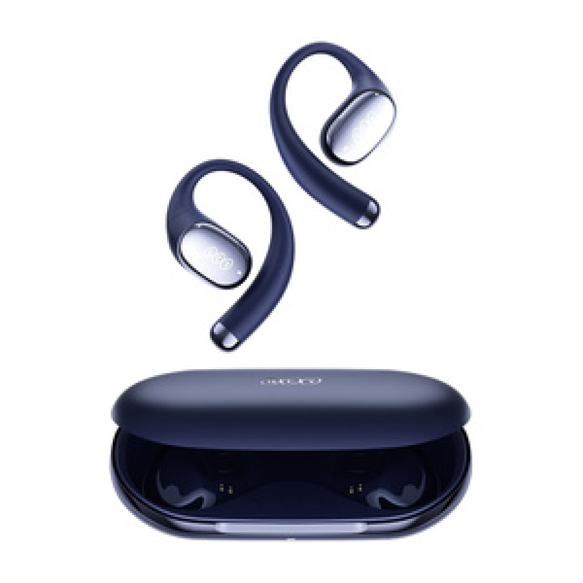 Auricolari blu scuro con custodia di ricarica, accento bianco.