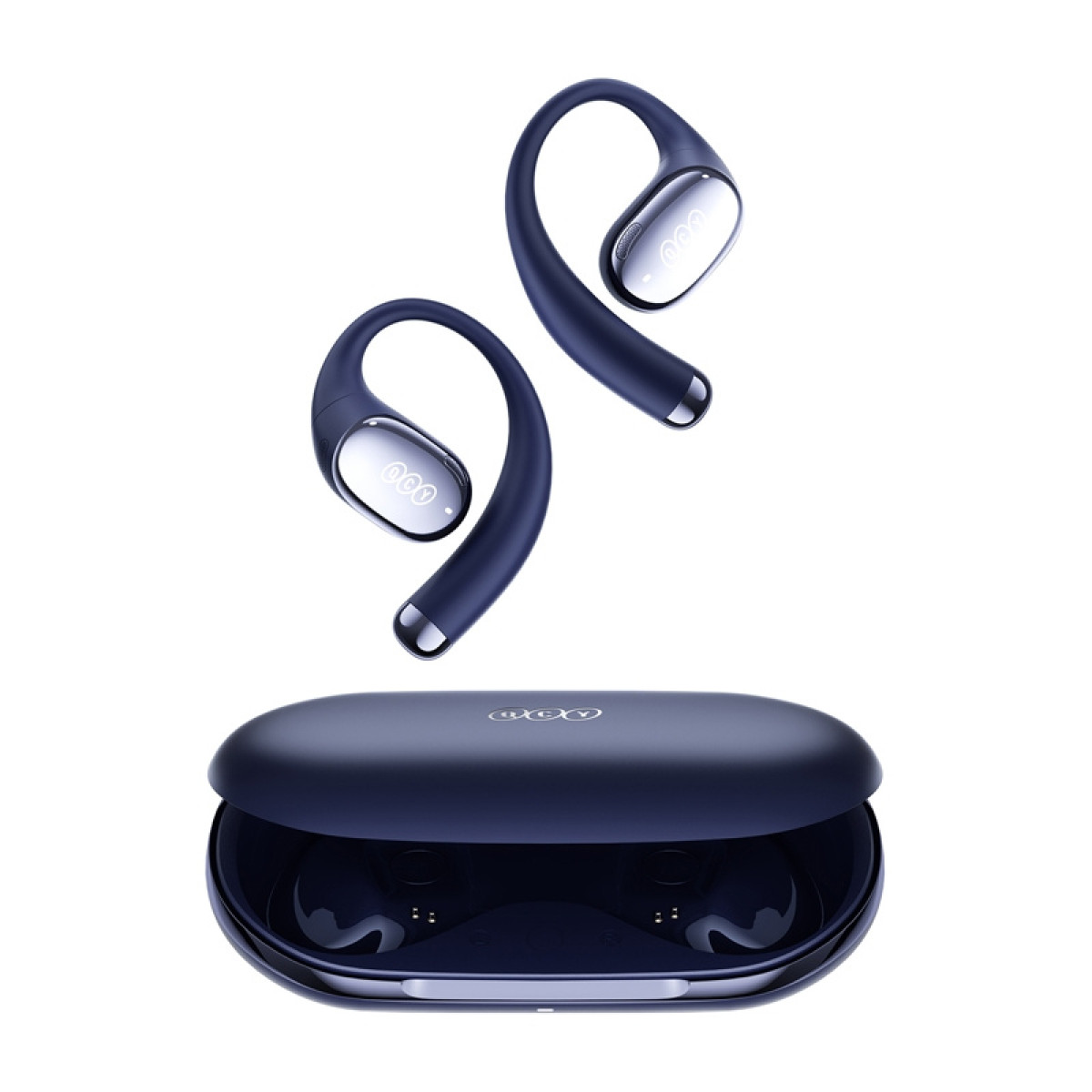 Auricolari wireless blu scuro con custodia di ricarica, su sfondo bianco.