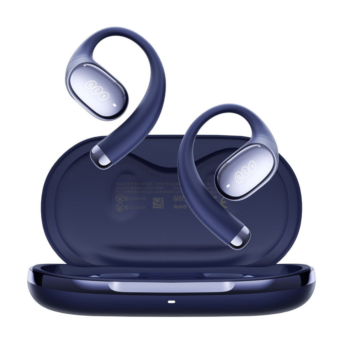 Auricolari wireless blu con custodia di ricarica. Gli auricolari hanno ganci per le orecchie.