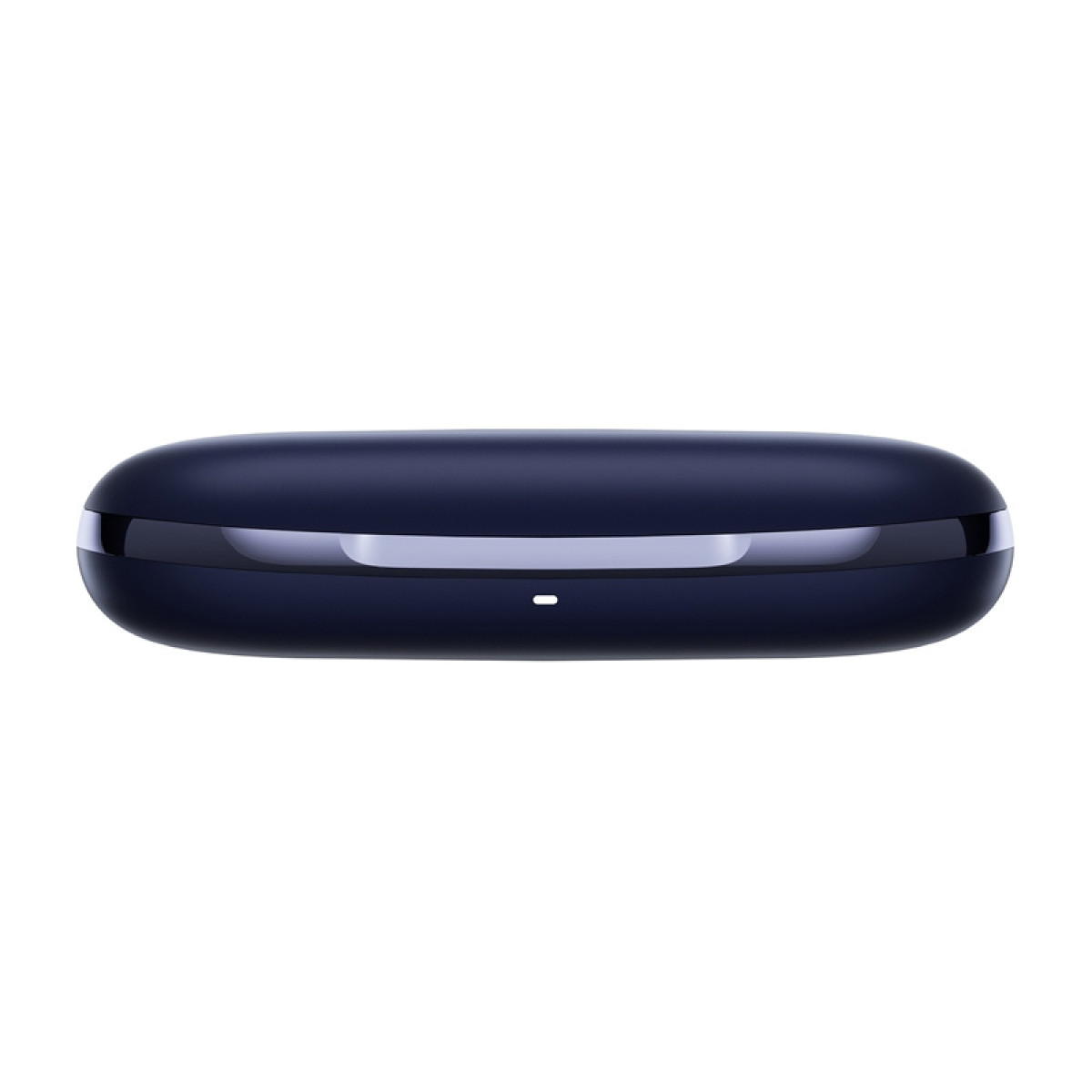 Custodia di ricarica blu scuro per auricolari con striscia argento e LED.