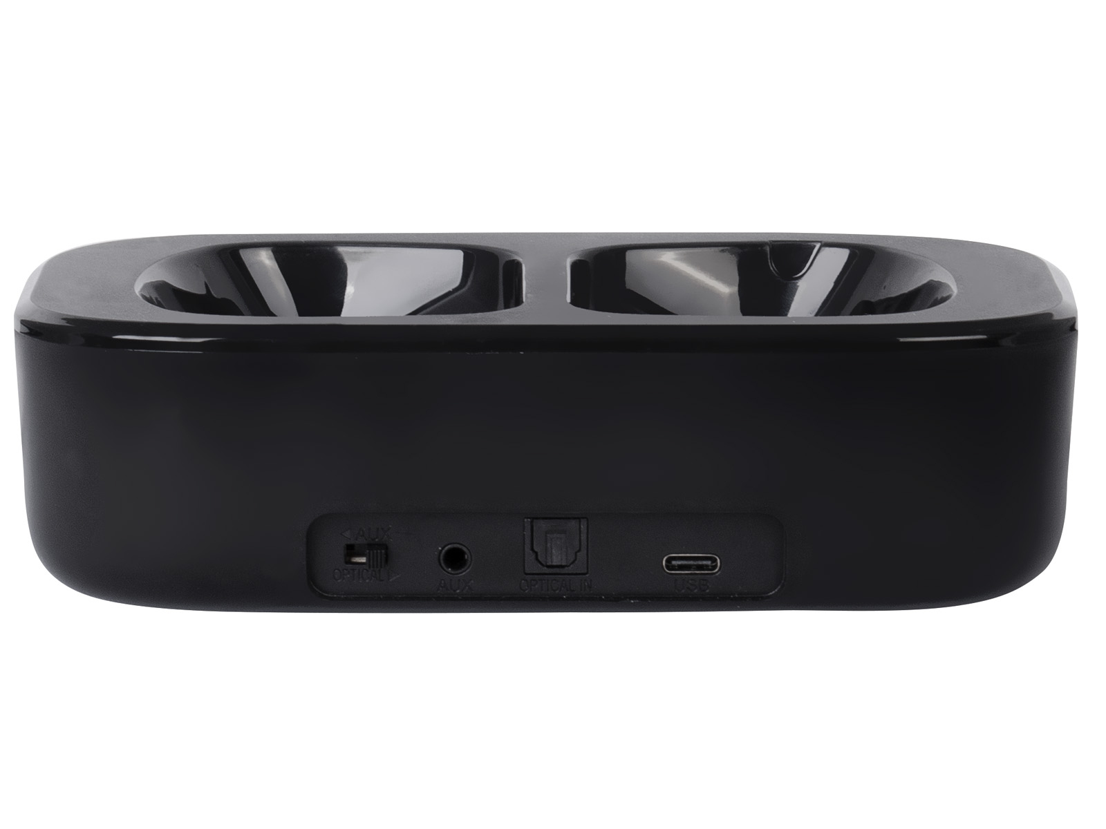 Schwarzer Lade-Dock mit zwei Aussparungen und Anschlüssen wie USB.