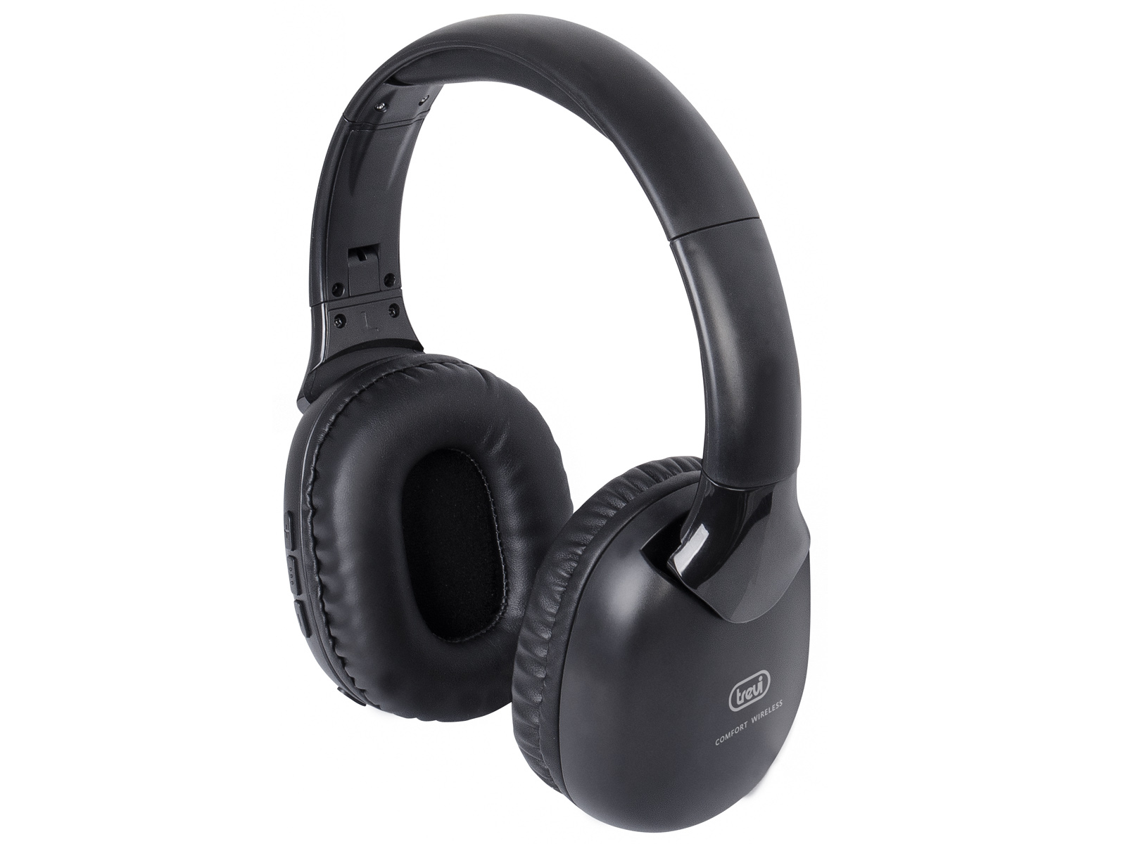 Ein Paar schwarze Over-Ear-Funkkopfhörer mit gepolstertem Kopfband und Ohrmuscheln, schräg auf weißem Hintergrund positioniert.