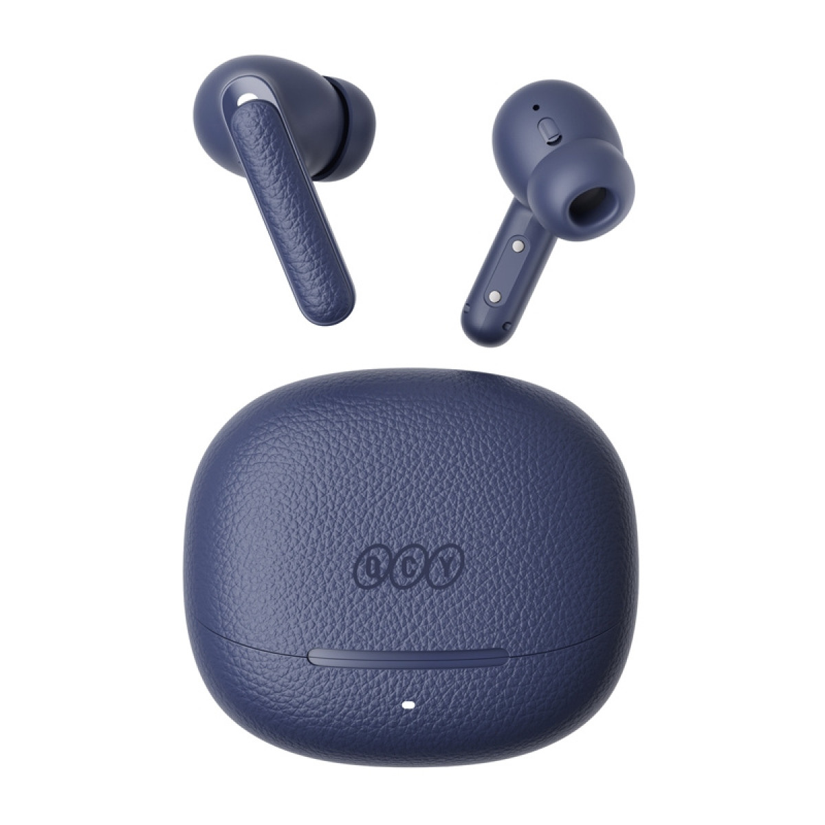 Auricolari wireless blu scuro con custodia di ricarica logo QCY.