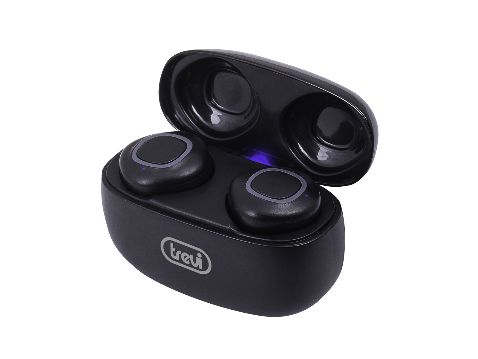 Auricolari wireless neri con custodia di ricarica, luci indicatori bianche e blu.