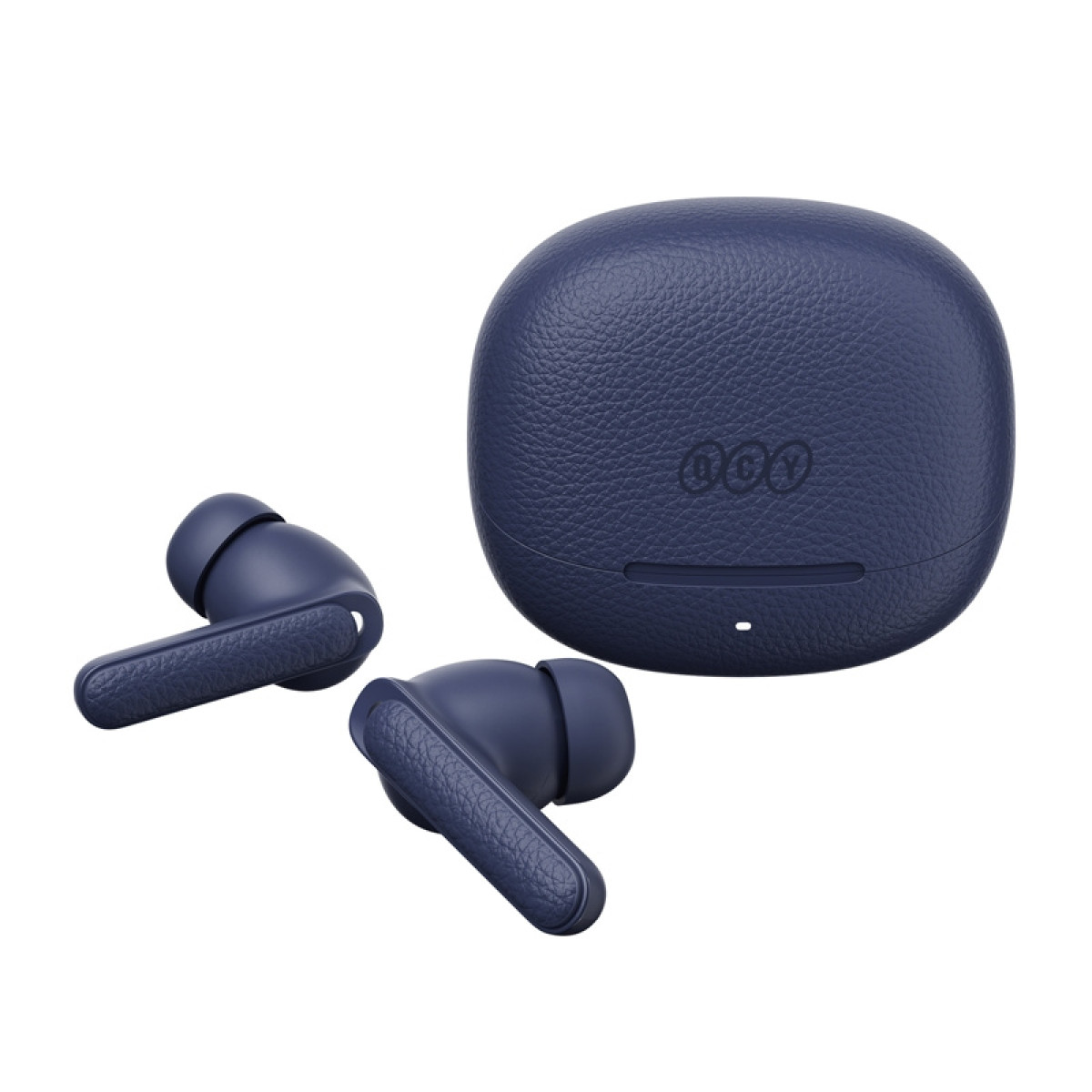 Auricolari wireless blu scuro con custodia di ricarica e logo.