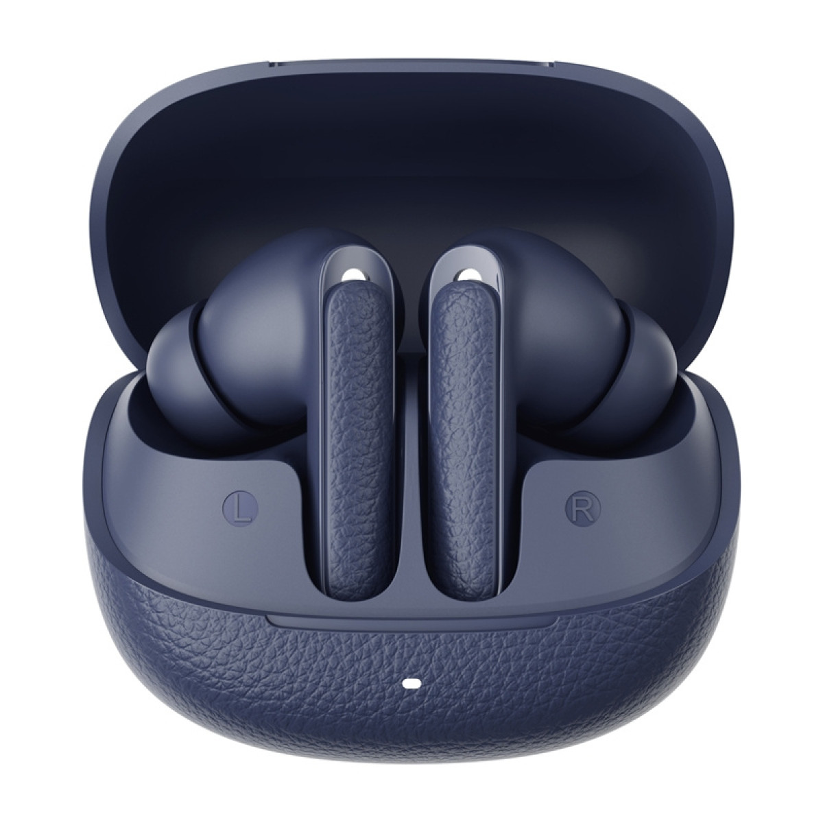 Un paio di auricolari wireless blu scuro con steli testurizzati, in carica in una custodia blu scuro aperta con una piccola luce indicatrice bianca.