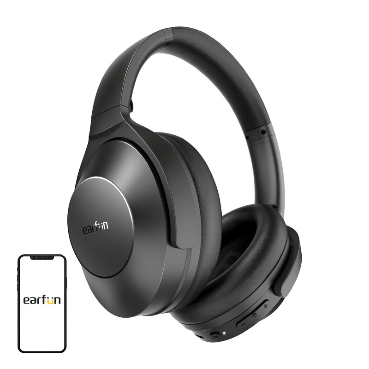Schwarze Kopfhörer mit Smartphone, beide mit EarFun-Logo.