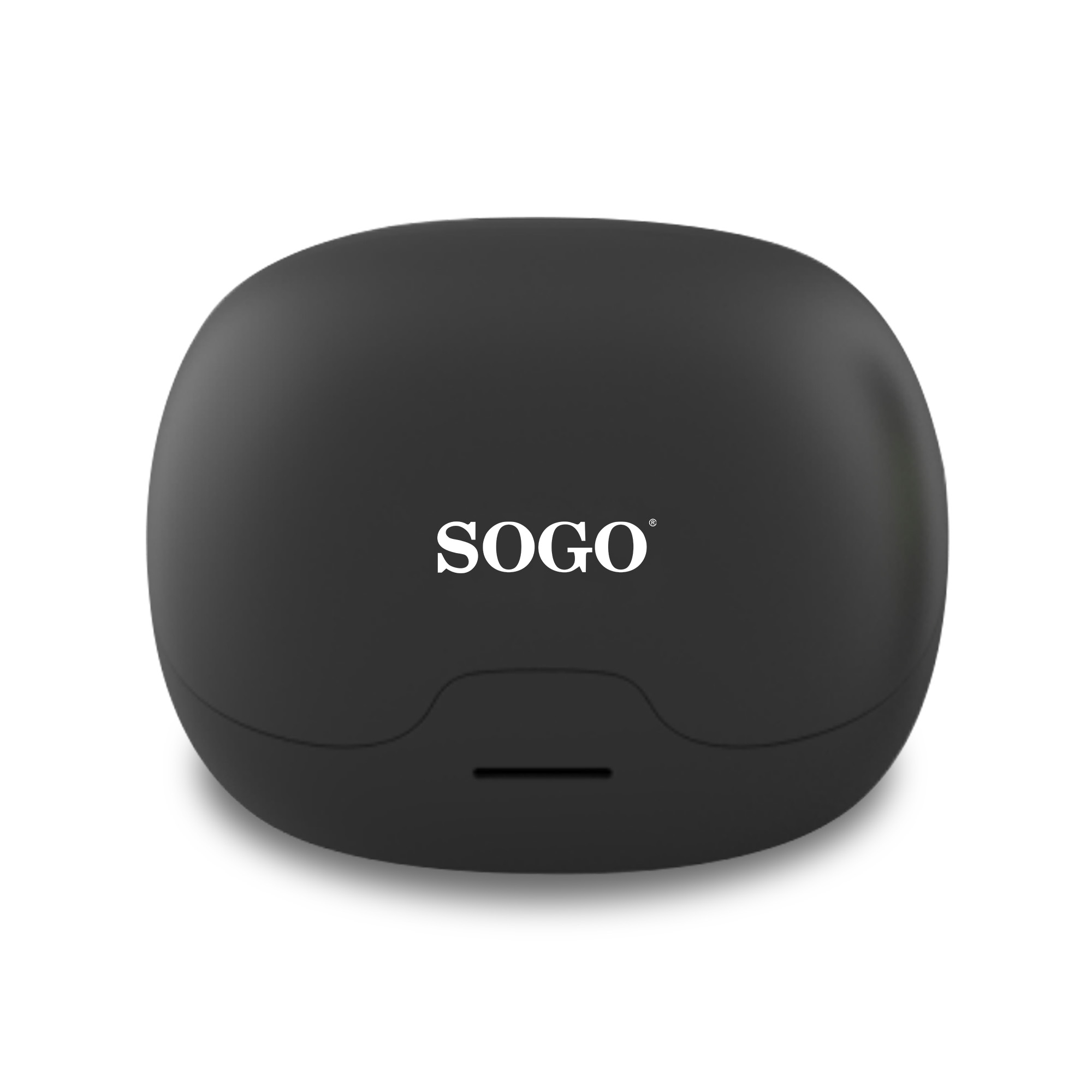 Czarne etui ładujące do bezprzewodowych słuchawek z logo SOGO.