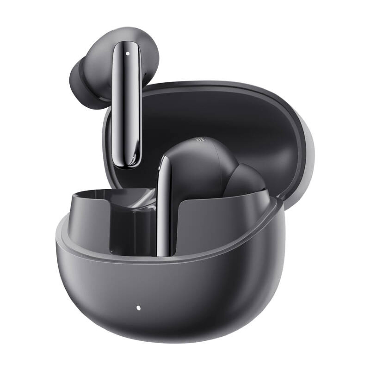 Auricolari wireless neri in una custodia di ricarica.