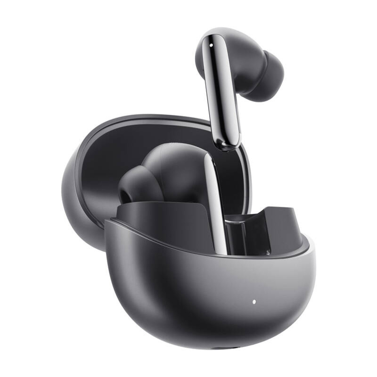 Auricolari wireless neri in un case di ricarica aperto su sfondo bianco.