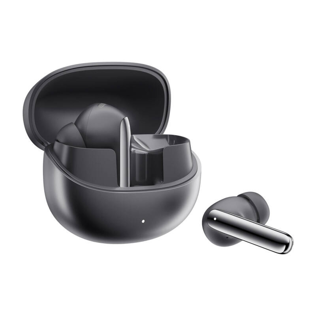 Un paio di auricolari wireless neri con la custodia di ricarica aperta.