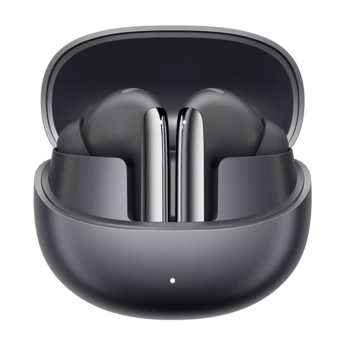 Auricolari wireless grigi in custodia di ricarica aperta.