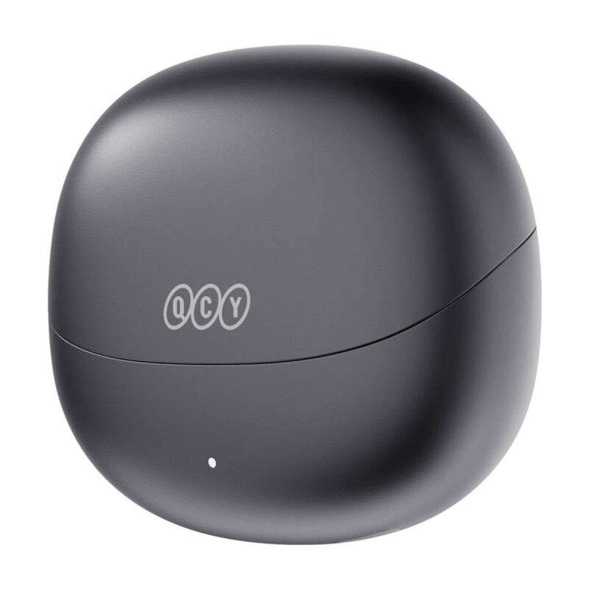 Custodia di ricarica rotonda grigio scuro con logo QCY e piccolo punto luce.