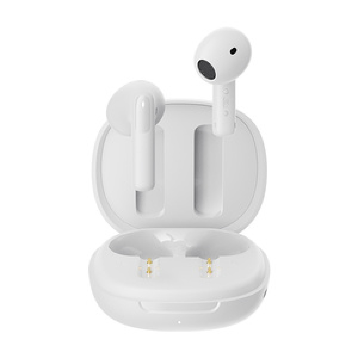 Auricolari wireless bianchi con custodia di ricarica aperta, che mostra gli auricolari in posizione verticale e i pin di ricarica.