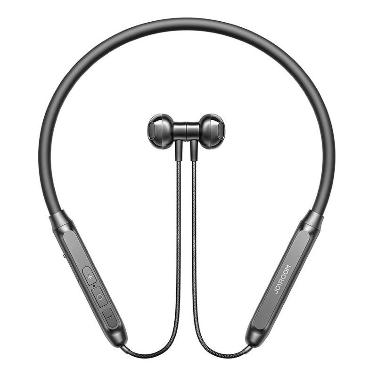 Cuffie da collo grigie con auricolari e controlli laterali.