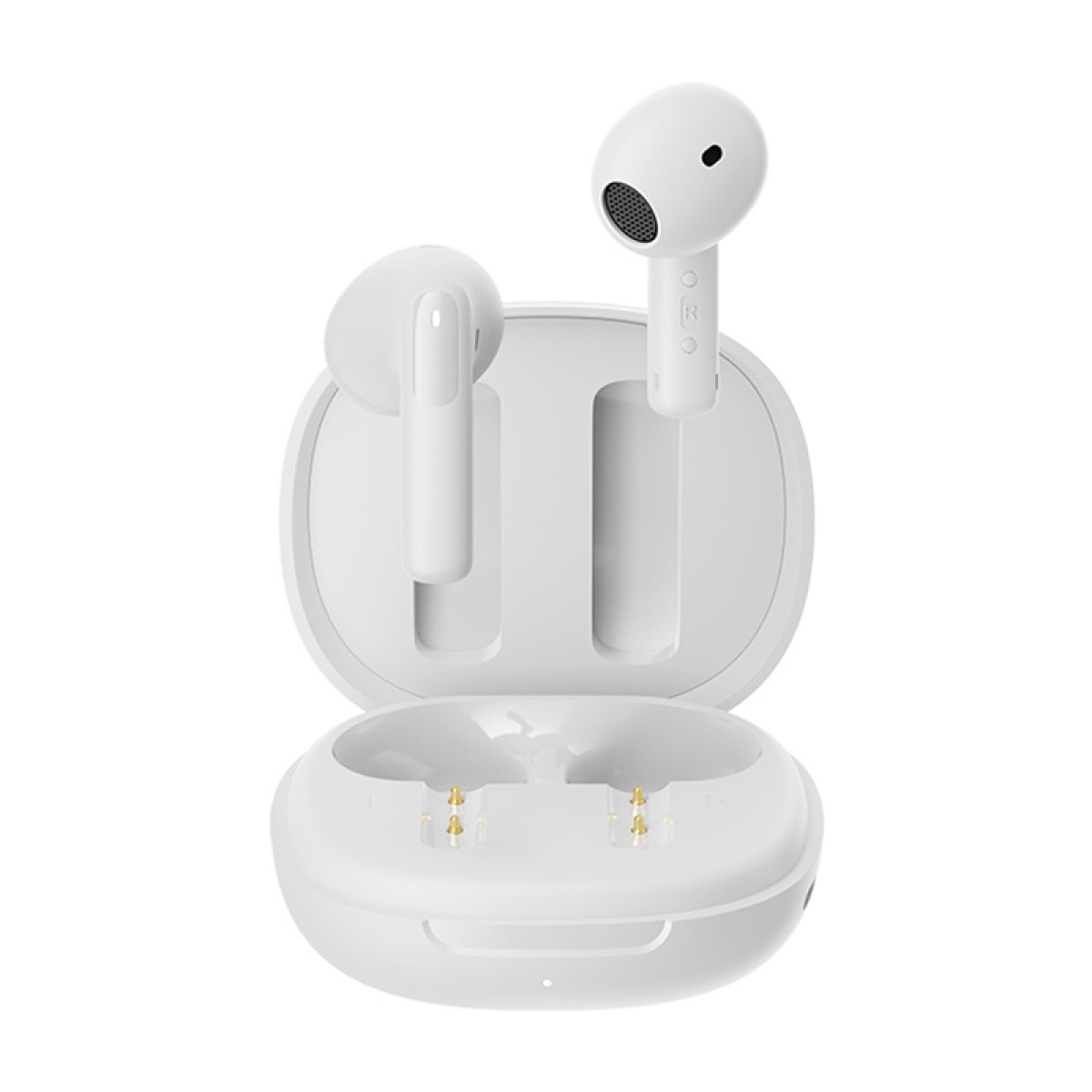 Auricolari wireless bianchi in una custodia di ricarica aperta.