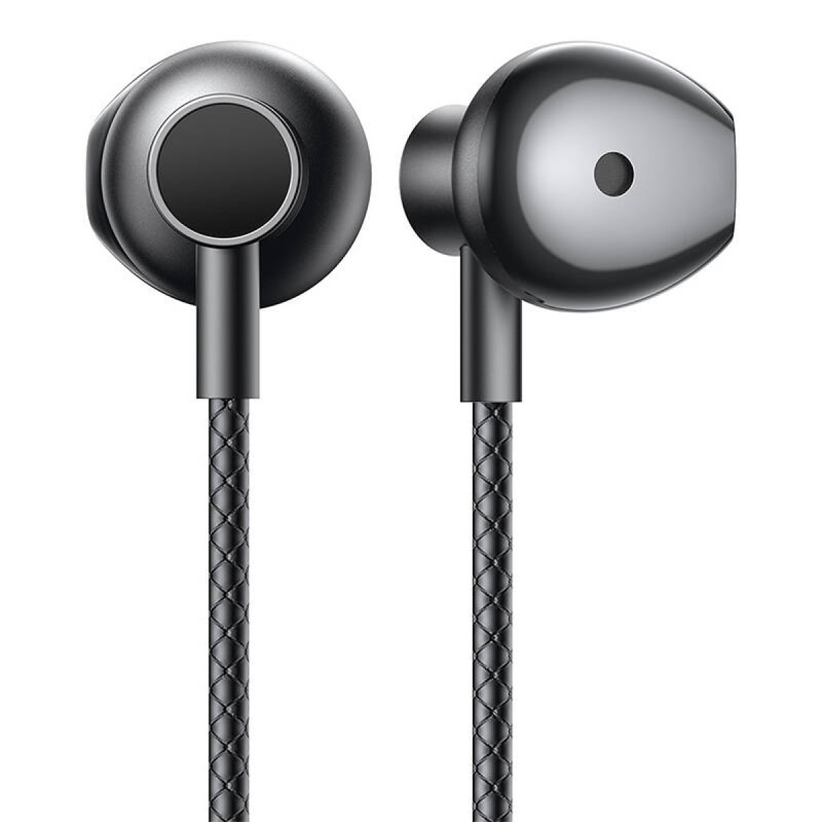 Due auricolari grigi con cavo intrecciato su sfondo bianco.