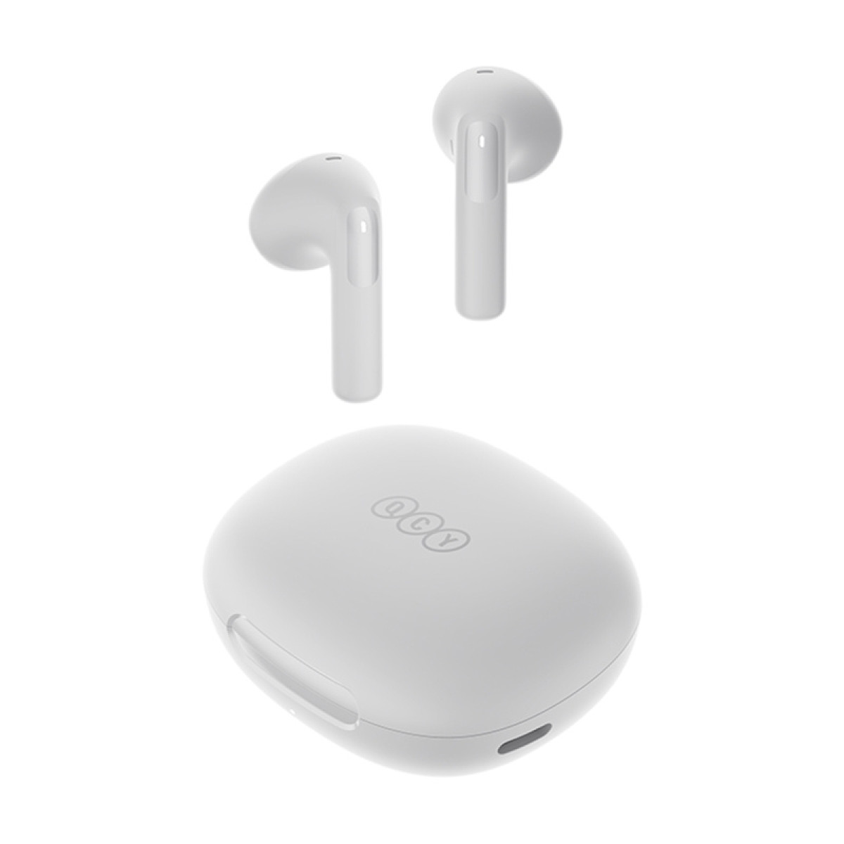 Auricolari wireless bianchi e custodia di ricarica con logo QCY.