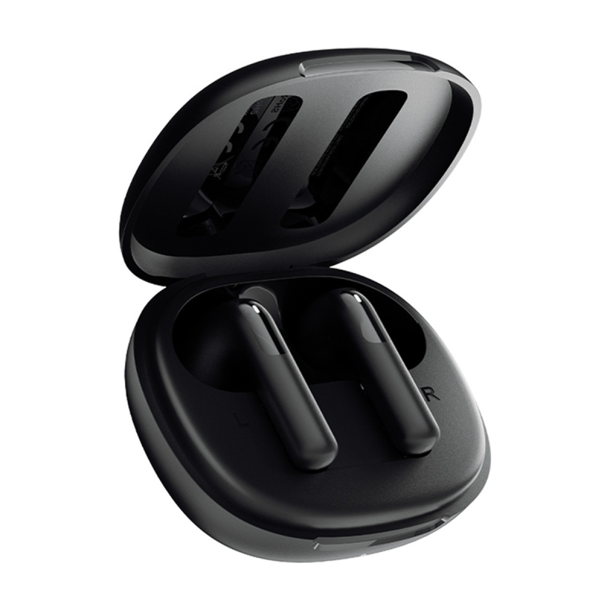 Auricolari wireless neri in custodia di ricarica aperta.