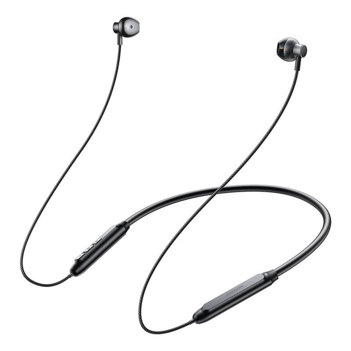 Auricolari da collo neri con telecomando e fili.