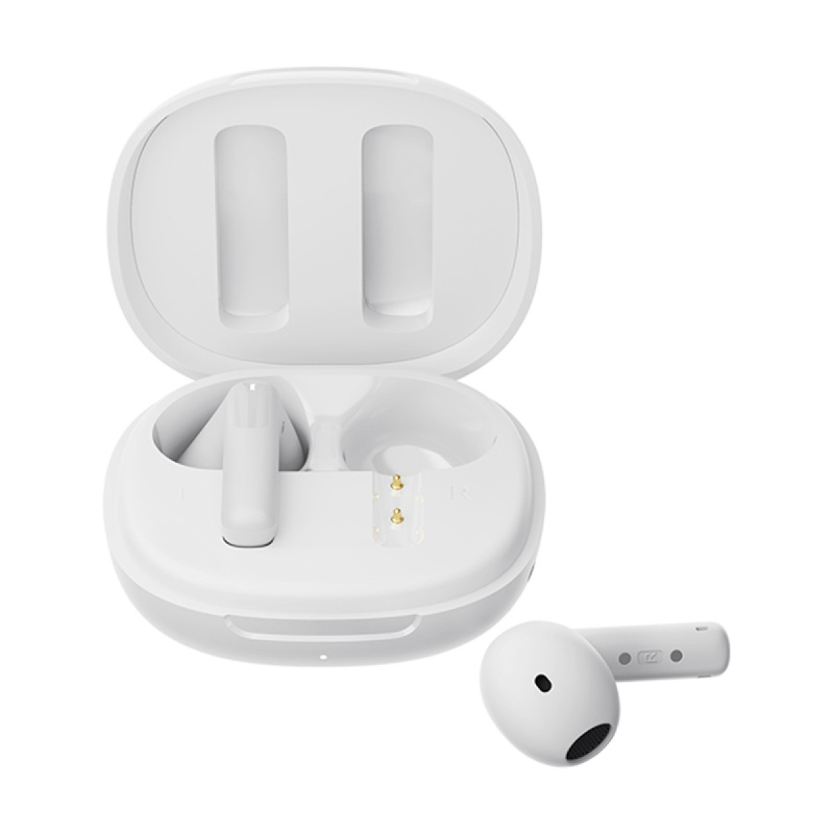 Auricolari wireless bianchi con un'unità accanto alla custodia aperta.