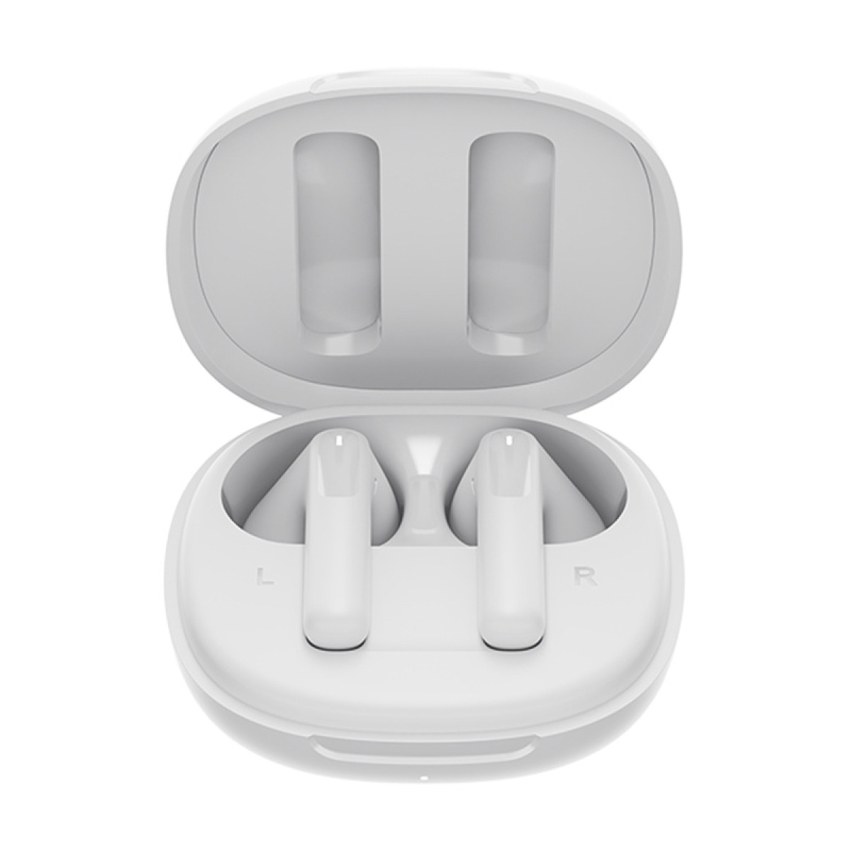 Auricolari wireless bianchi all'interno di una custodia di ricarica aperta.