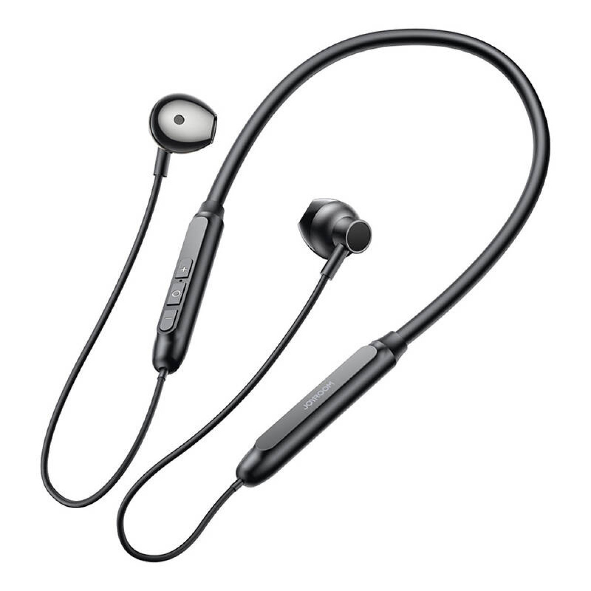 Cuffie da collo nere con due auricolari e controlli in linea.