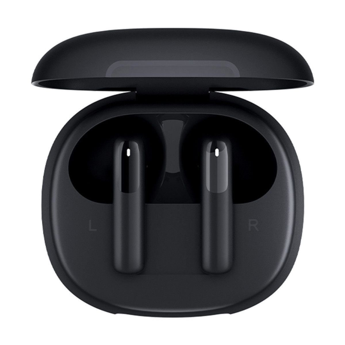 Auricolari wireless neri in custodia di ricarica aperta con segni L e R.